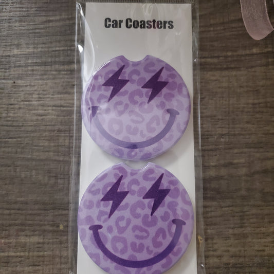 Purple Smiley Face Car Coasters Set