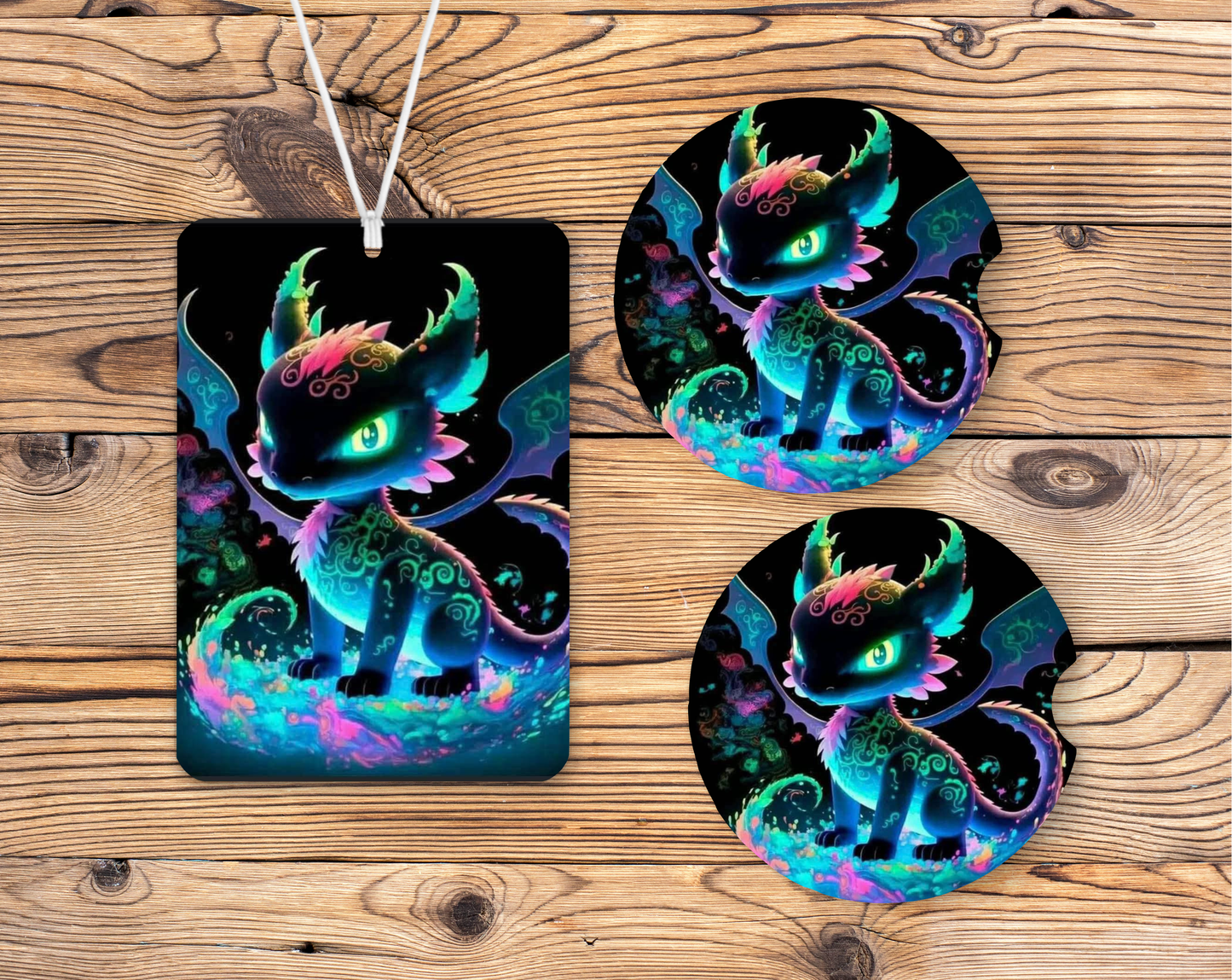 Mythical Neon Dragon Car Accessory Bundle - Air Freshener & 2 Coasters Set
